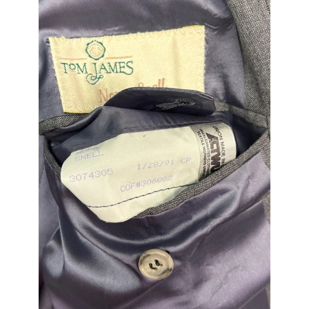 vtg 90s Tom James 46L 37x34 Gray Pinstripe 2pc Pant Suit Wool USA Pleated Cuffed